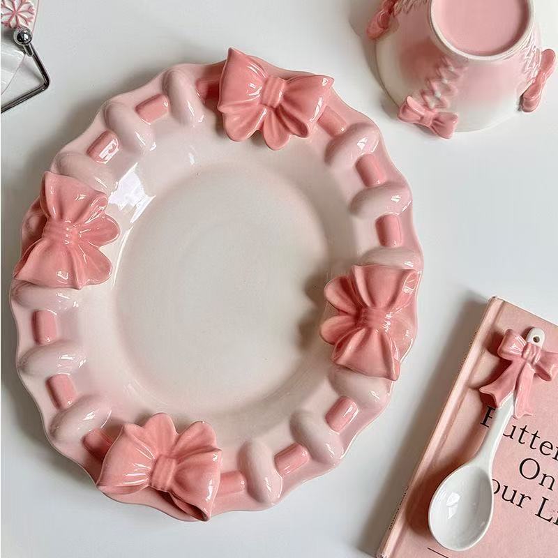Ceramic Plate With Butterfly Relief-Pink