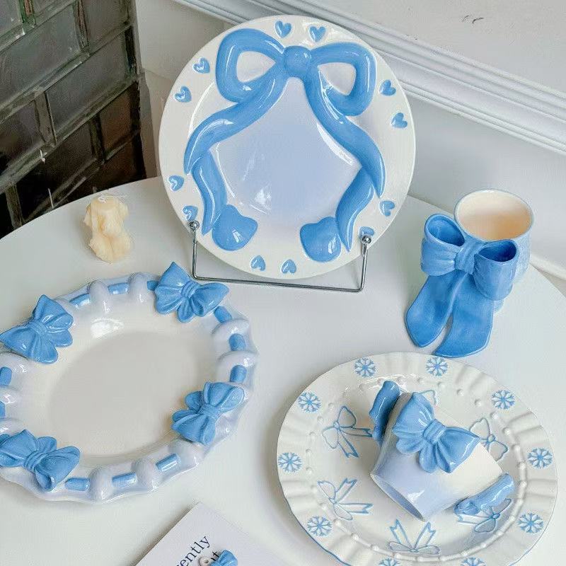 Ceramic Plate With Butterfly Relief-Blue